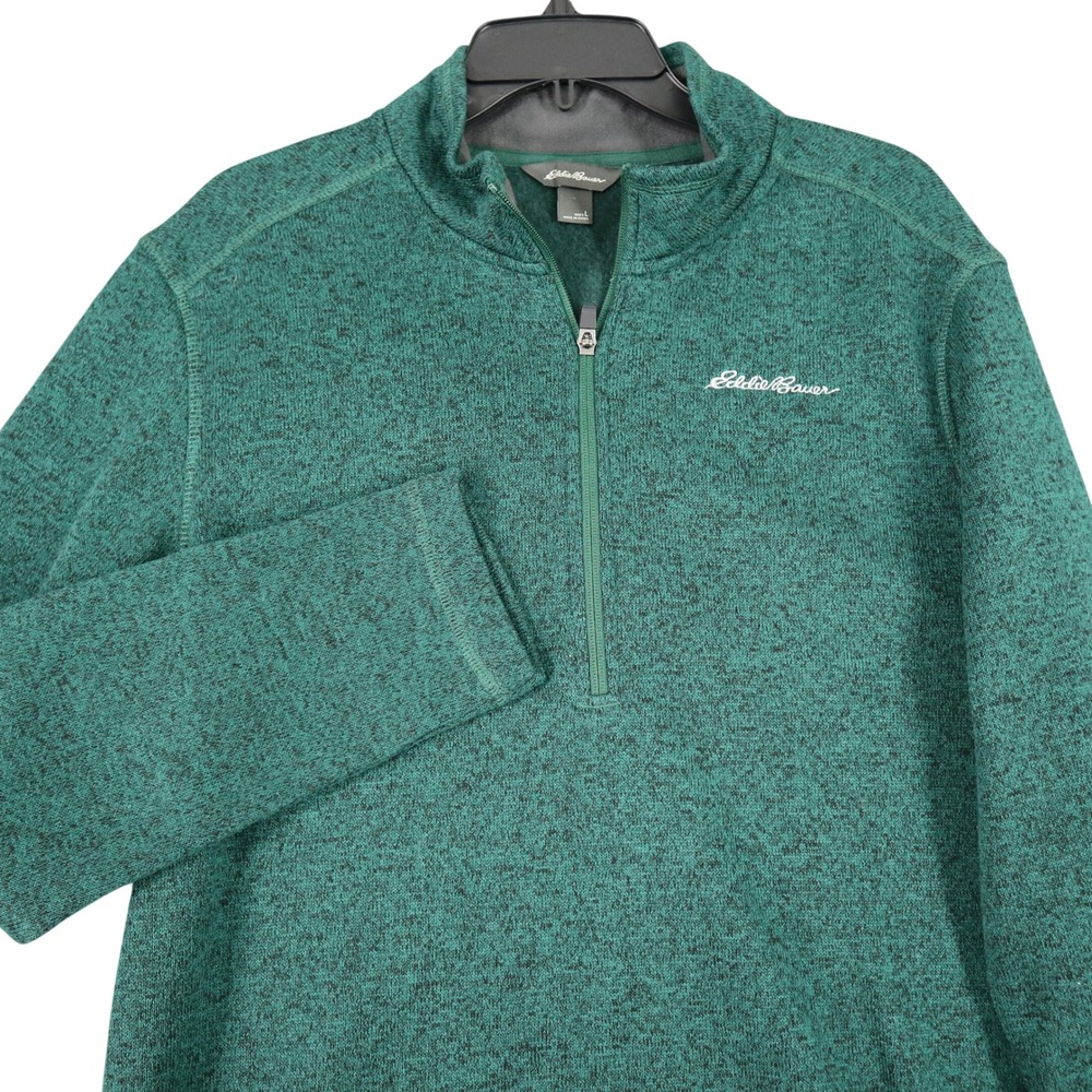 Eddie Bauer 1/4 Zip Fleece Pullover Mens L Green Marled Knit Hiking Sweater